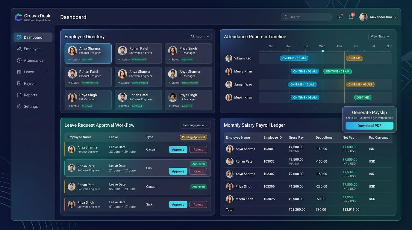 CreavixDesk HRM & Biometric Attendance Suite Preview