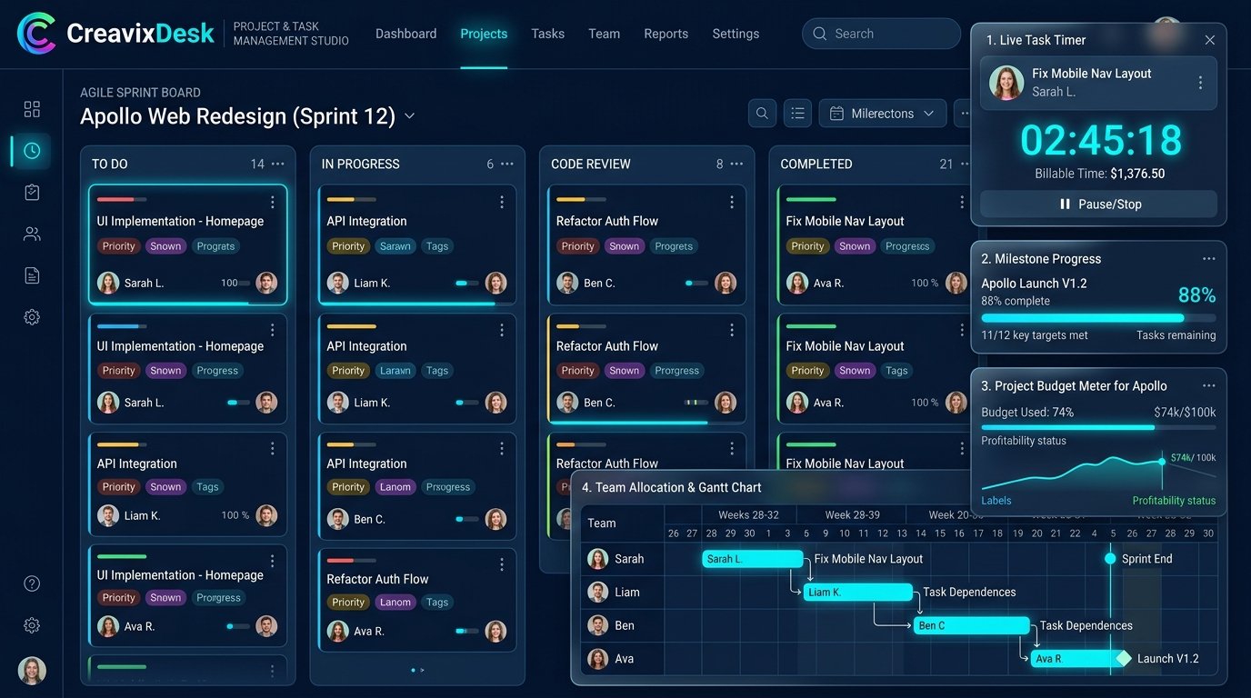 CreavixDesk Project & Task Management Studio Full System Preview