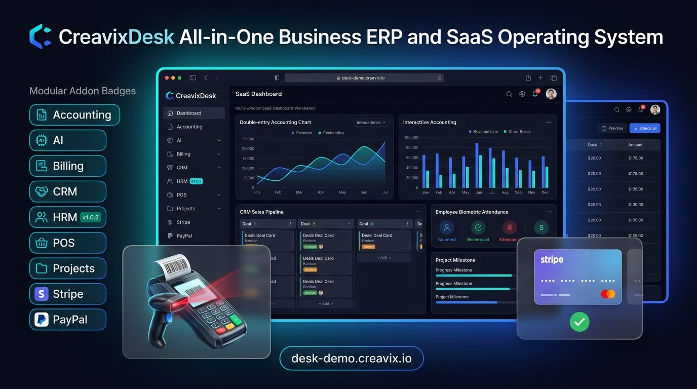 CreavixDesk — All-in-One Business ERP & SaaS Operating System Interface Preview