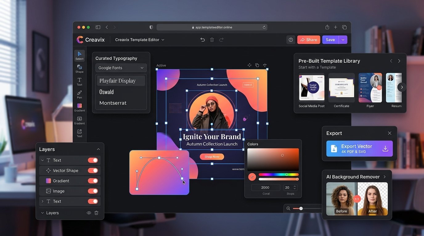 Creavix Template Editor — Drag-and-Drop Graphic & Document Designer Canvas Interface Preview